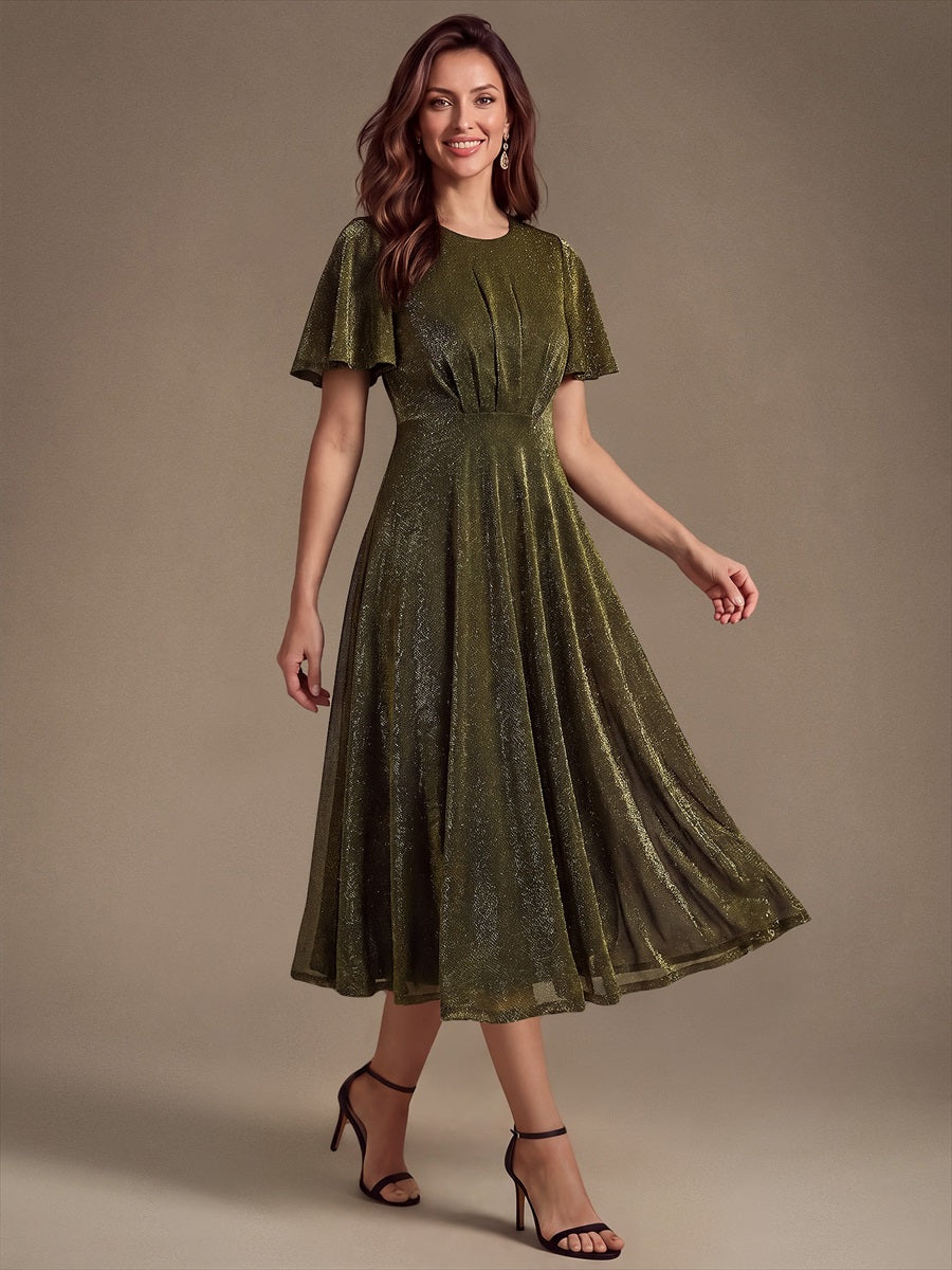 Knit Glitter Ruffle Sleeve A-Line Wedding Guest Dress