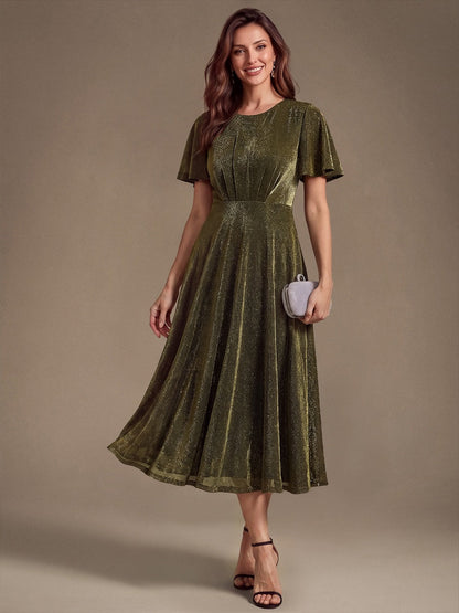 Knit Glitter Ruffle Sleeve A-Line Wedding Guest Dress