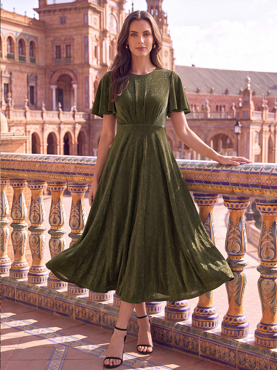 Knit Glitter Ruffle Sleeve A-Line Wedding Guest Dress