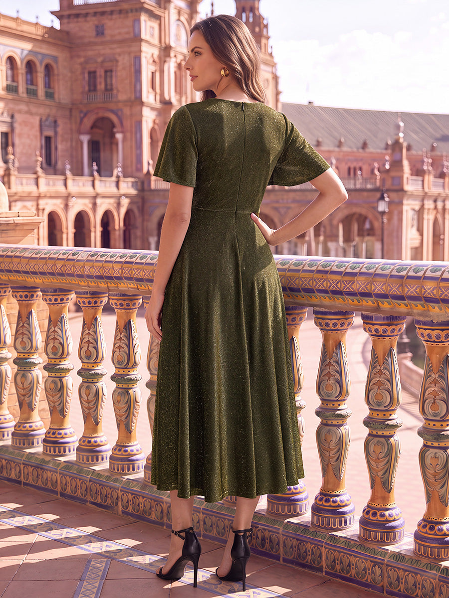 Knit Glitter Ruffle Sleeve A-Line Wedding Guest Dress