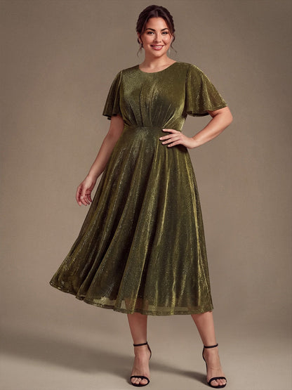 Knit Glitter Ruffle Sleeve A-Line Wedding Guest Dress