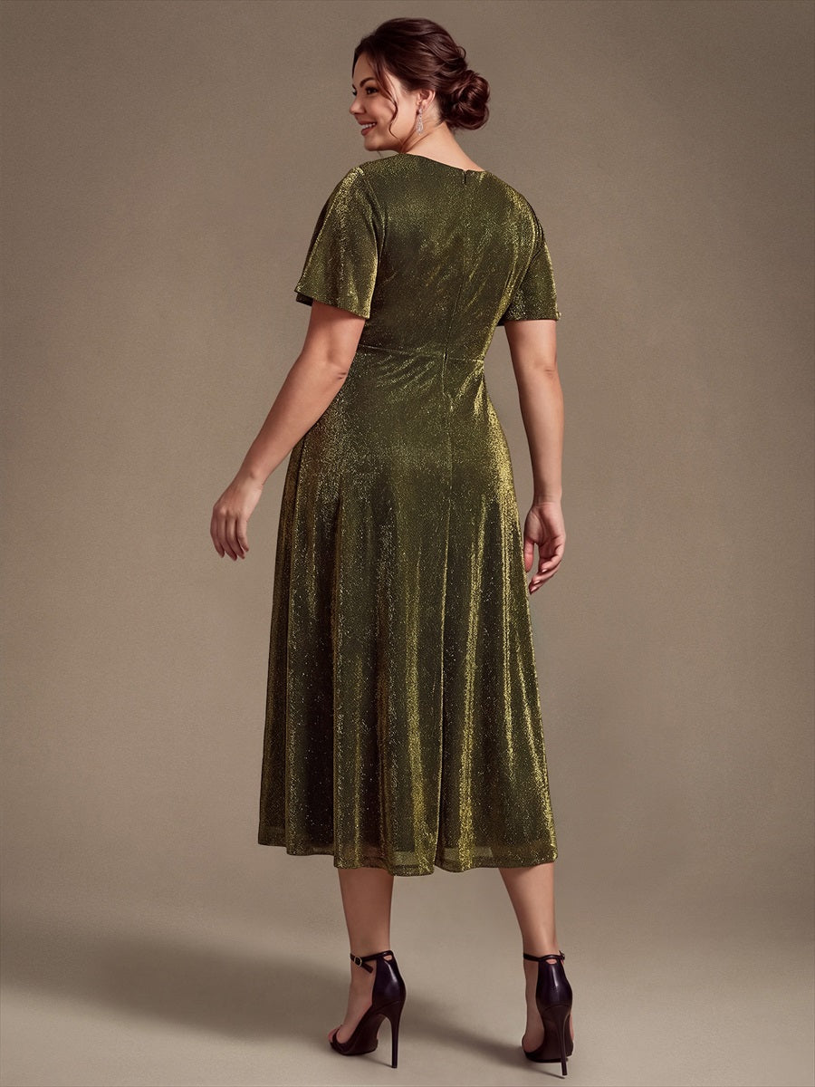 Knit Glitter Ruffle Sleeve A-Line Wedding Guest Dress