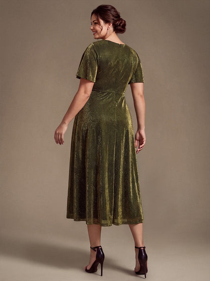 Knit Glitter Ruffle Sleeve A-Line Wedding Guest Dress
