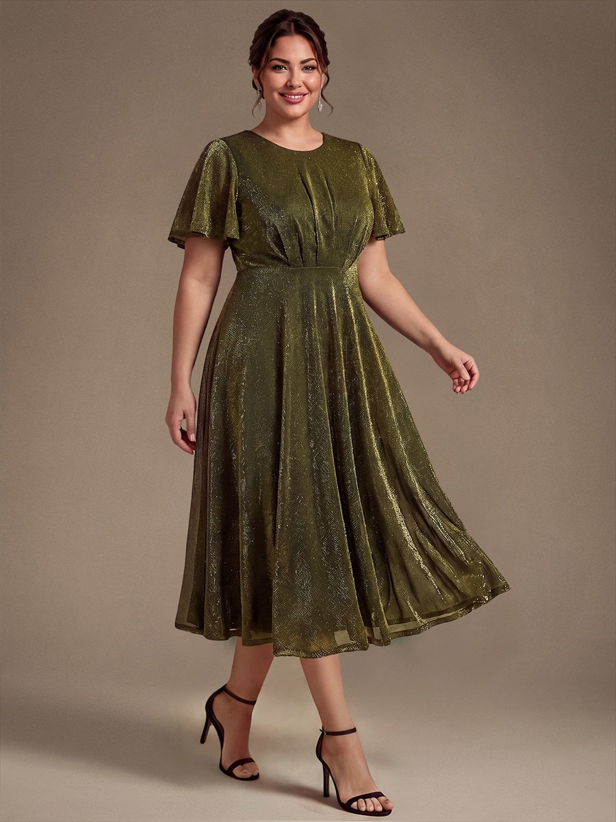 Knit Glitter Ruffle Sleeve A-Line Wedding Guest Dress