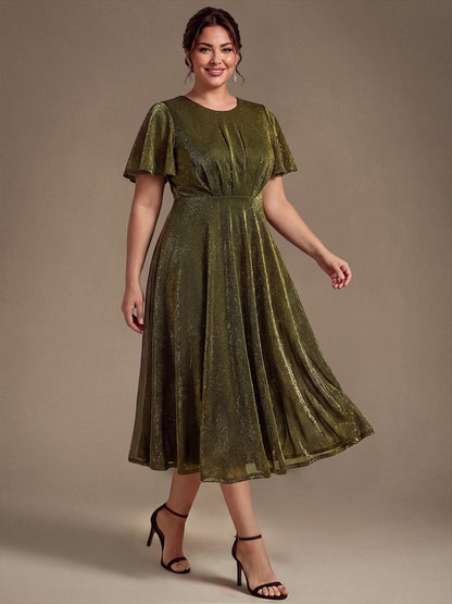 Knit Glitter Ruffle Sleeve A-Line Wedding Guest Dress