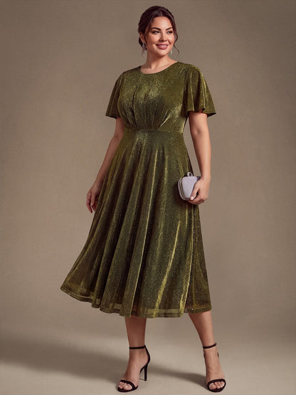 Knit Glitter Ruffle Sleeve A-Line Wedding Guest Dress
