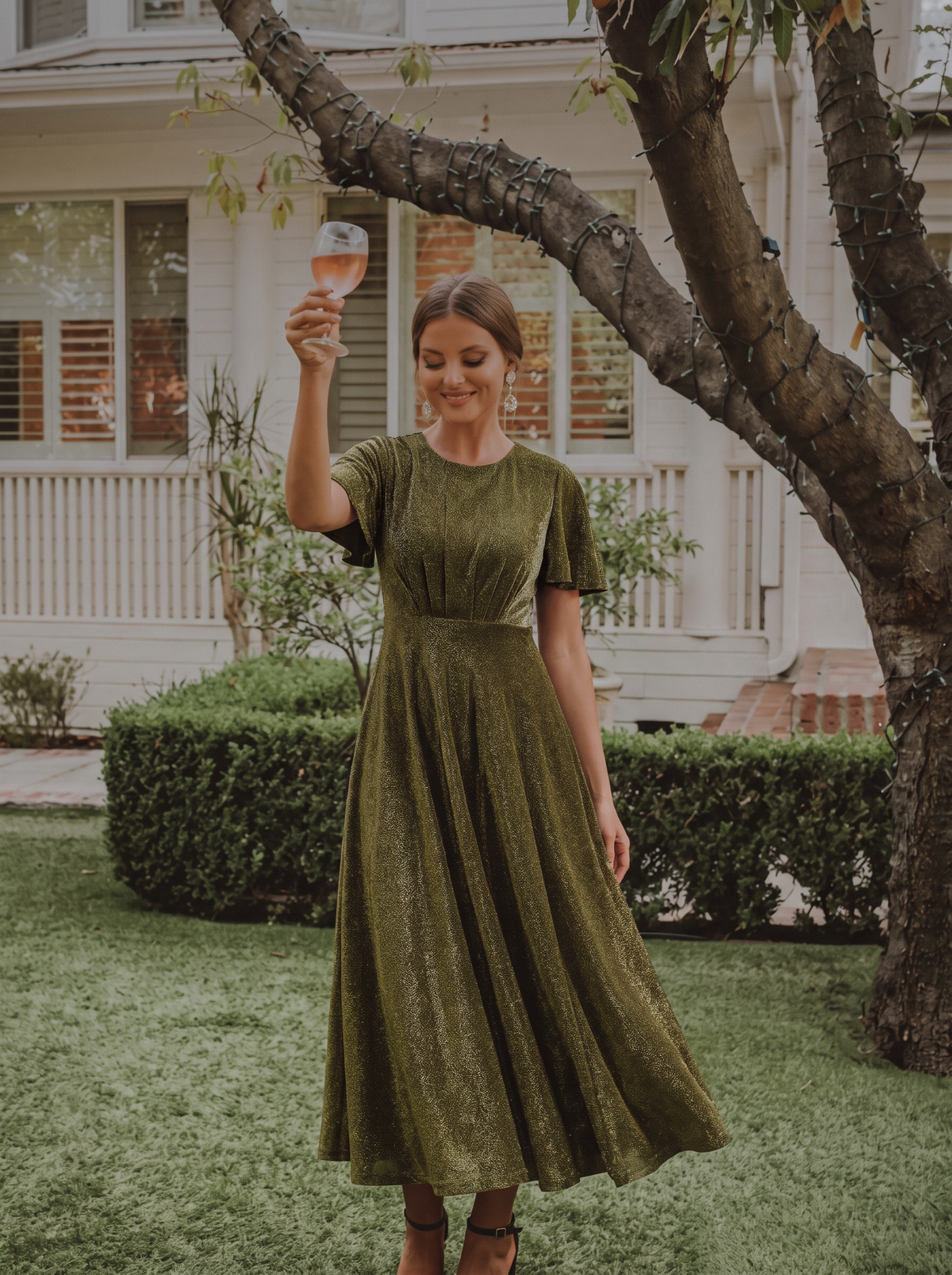 Knit Glitter Ruffle Sleeve A-Line Wedding Guest Dress