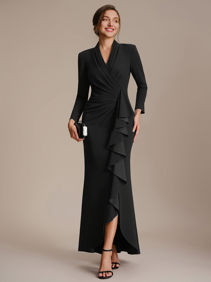 Crepe Ruffle Long Sleeve Evening Dress — Black