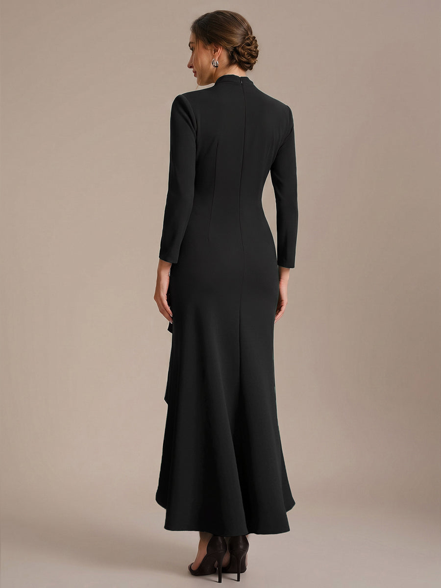 Crepe Ruffle Long Sleeve Evening Dress