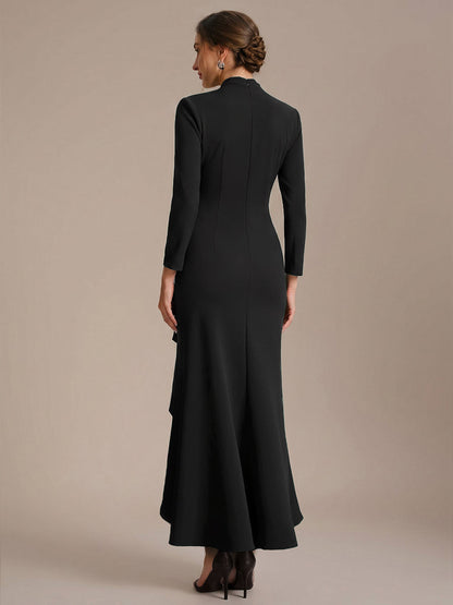 Crepe Ruffle Long Sleeve Evening Dress