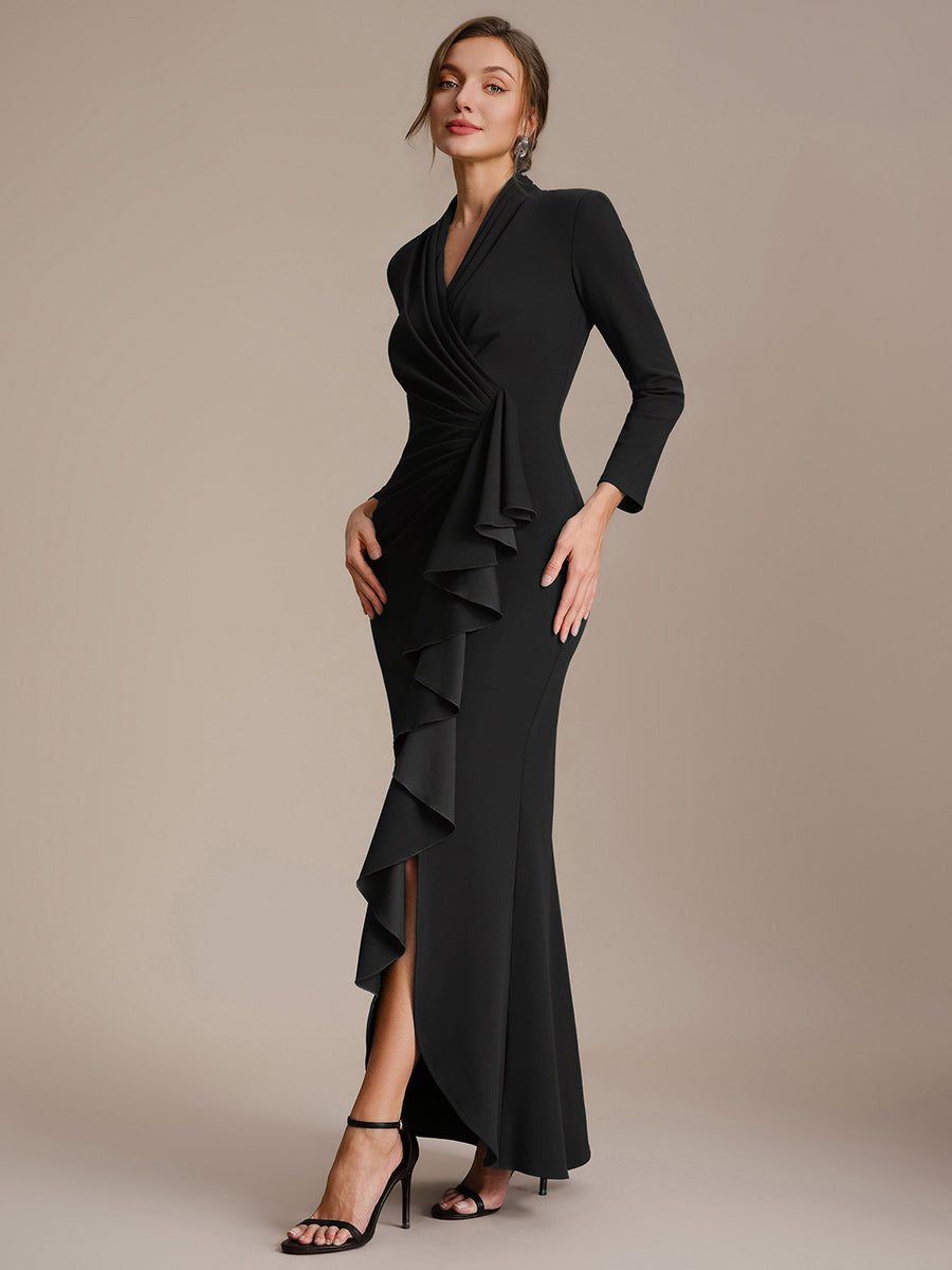 Crepe Ruffle Long Sleeve Evening Dress