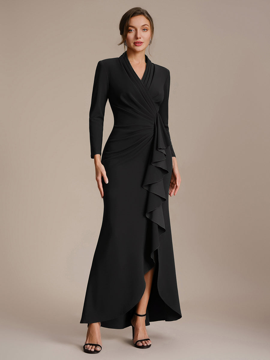 Crepe Ruffle Long Sleeve Evening Dress