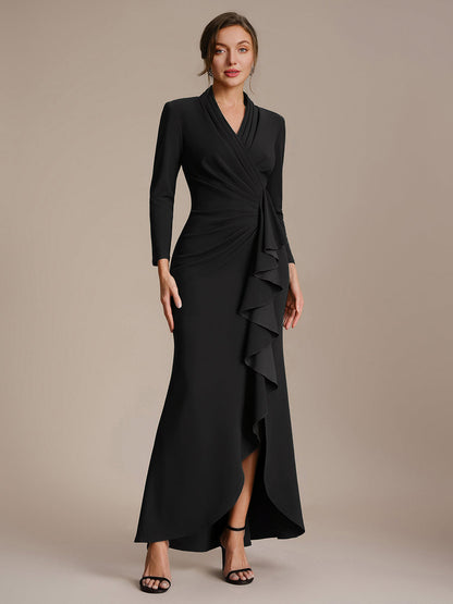 Crepe Ruffle Long Sleeve Evening Dress