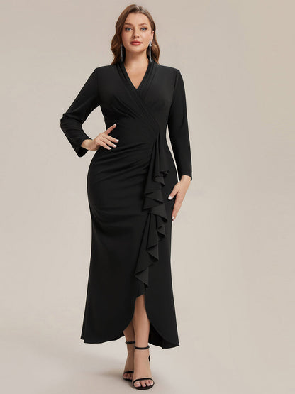 Crepe Ruffle Long Sleeve Evening Dress