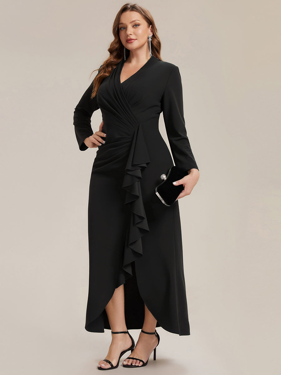 Crepe Ruffle Long Sleeve Evening Dress