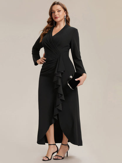 Crepe Ruffle Long Sleeve Evening Dress