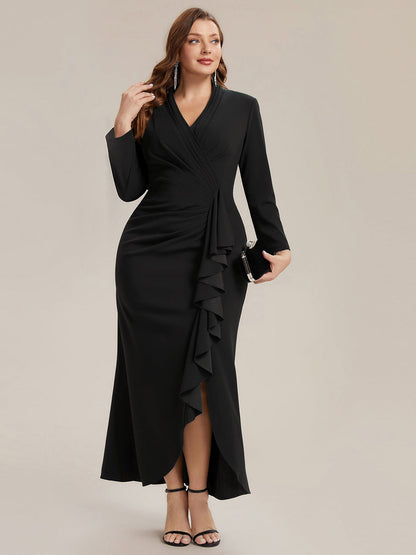Crepe Ruffle Long Sleeve Evening Dress