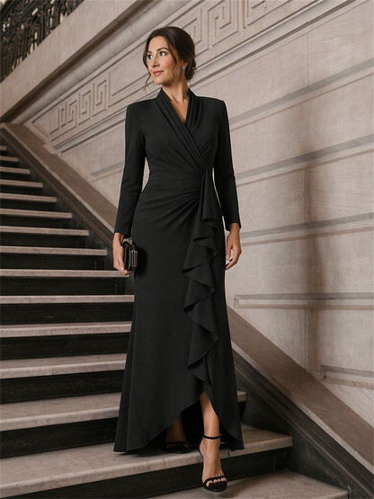 Crepe Ruffle Long Sleeve Evening Dress