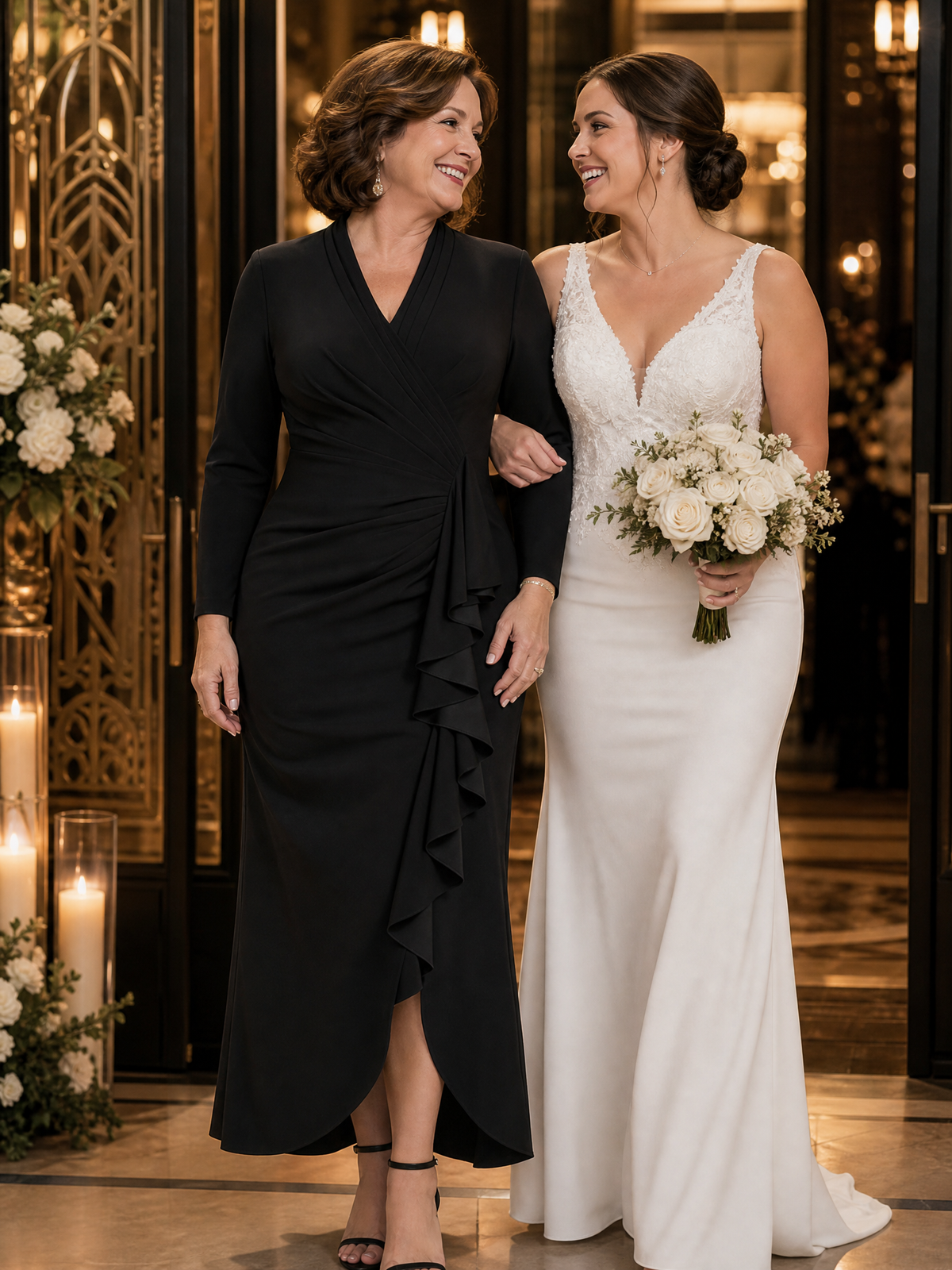 Crepe Ruffle Long Sleeve Evening Dress