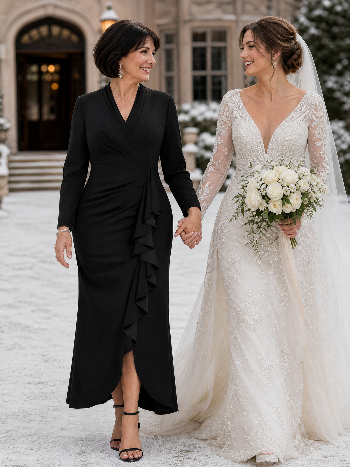 Crepe Ruffle Long Sleeve Evening Dress