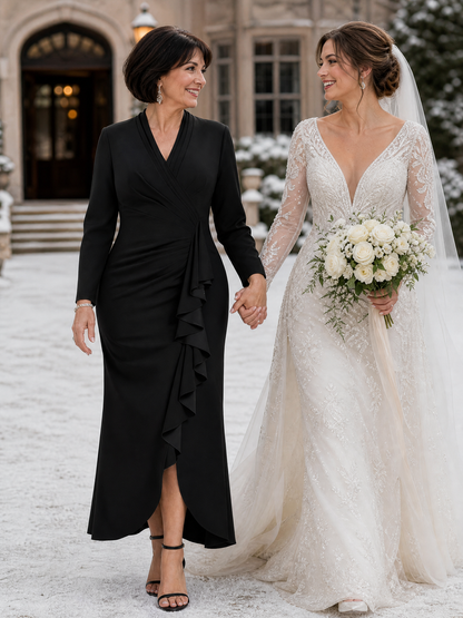 Crepe Ruffle Long Sleeve Evening Dress