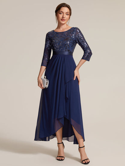 Sequin Long Sleeve Asymmetrical Hem Evening Dress — Navy Blue