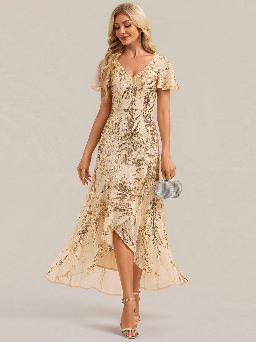 Sequin Ruffled Ruffle Sleeve Wedding Guest Dress — Gold