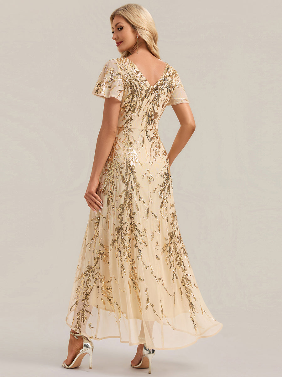 Sequin Ruffled Ruffle Sleeve Wedding Guest Dress