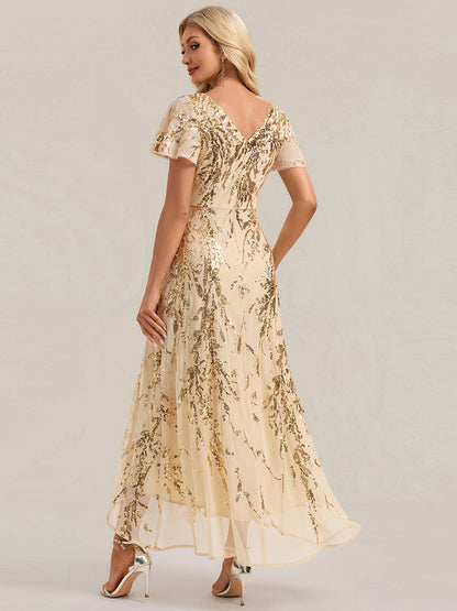 Sequin Ruffled Ruffle Sleeve Wedding Guest Dress