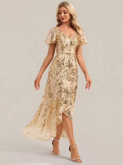 Sequin Ruffled Ruffle Sleeve Wedding Guest Dress