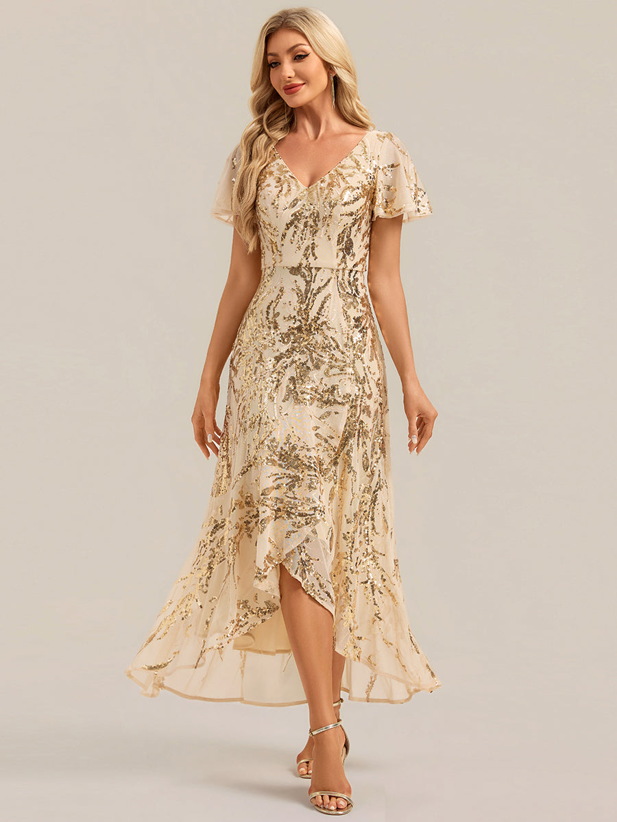 Sequin Ruffled Ruffle Sleeve Wedding Guest Dress