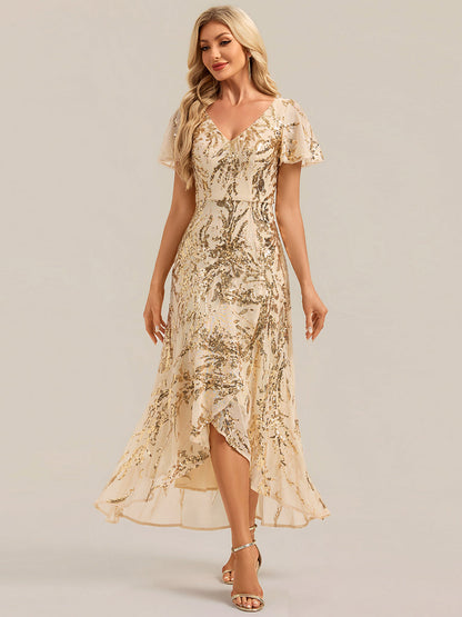 Sequin Ruffled Ruffle Sleeve Wedding Guest Dress