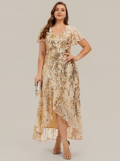 Sequin Ruffled Ruffle Sleeve Wedding Guest Dress