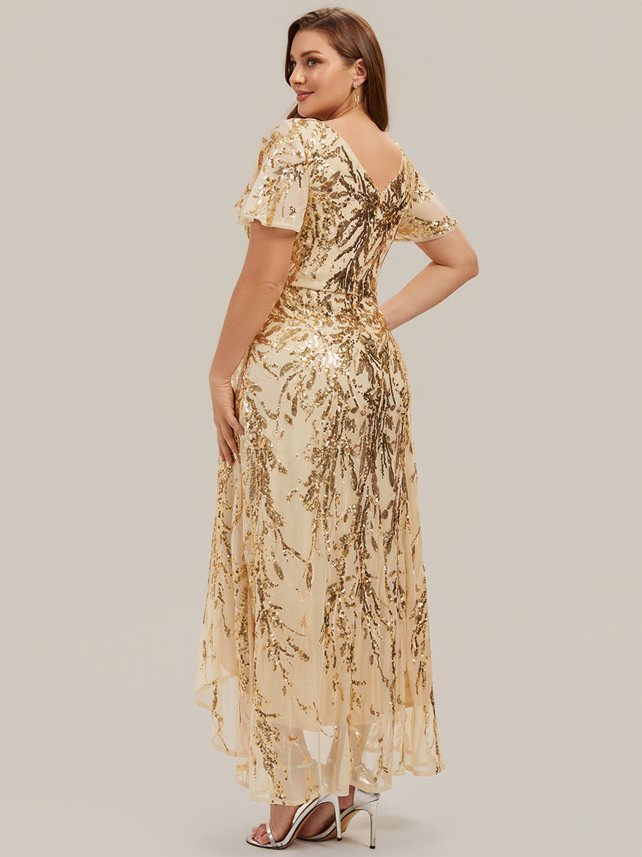 Sequin Ruffled Ruffle Sleeve Wedding Guest Dress