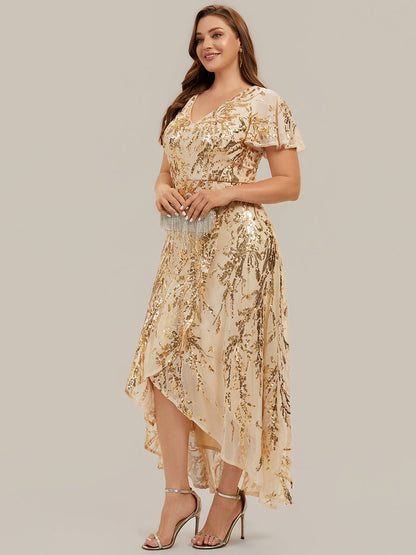 Sequin Ruffled Ruffle Sleeve Wedding Guest Dress