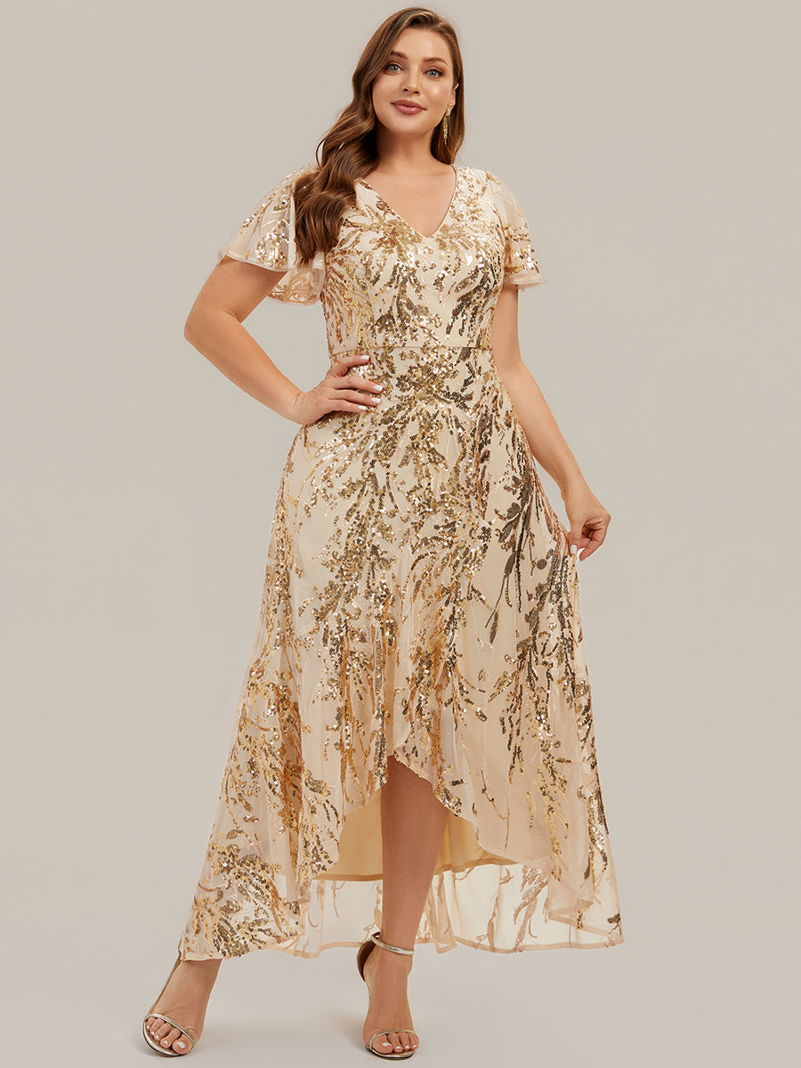 Sequin Ruffled Ruffle Sleeve Wedding Guest Dress