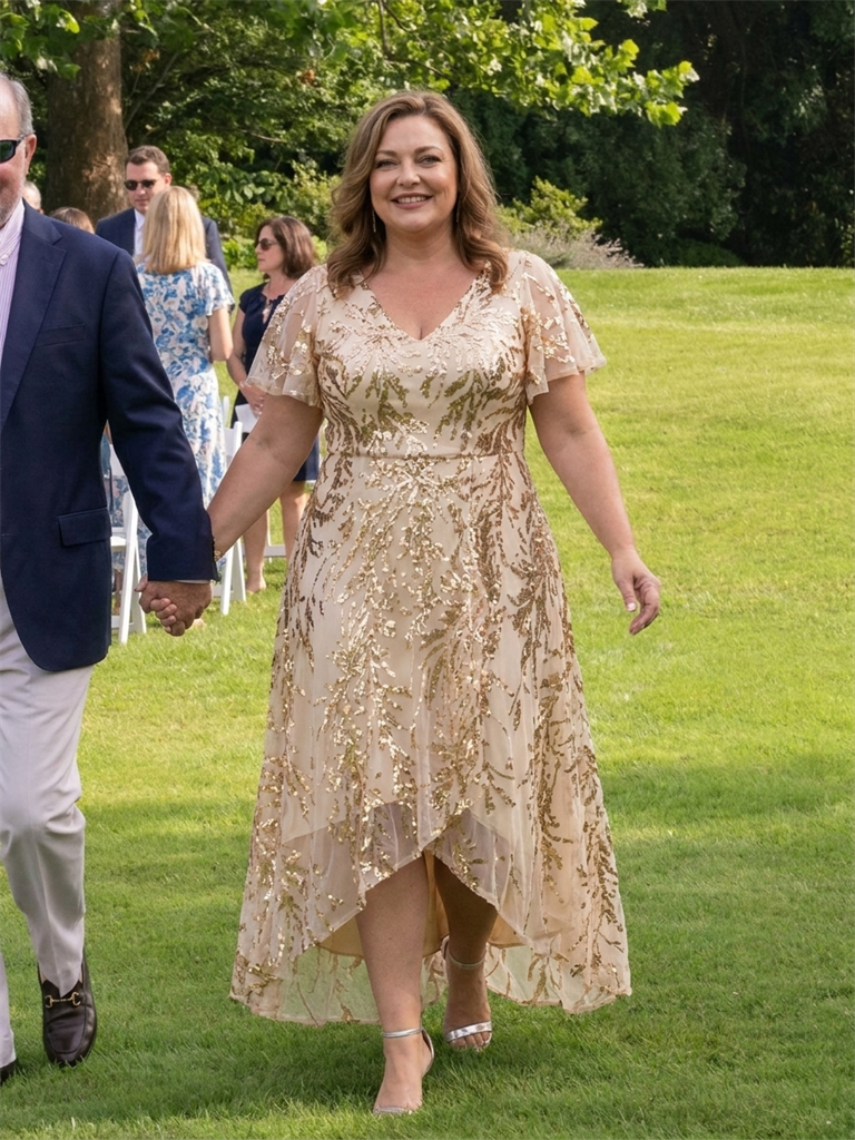 Sequin Ruffled Ruffle Sleeve Wedding Guest Dress