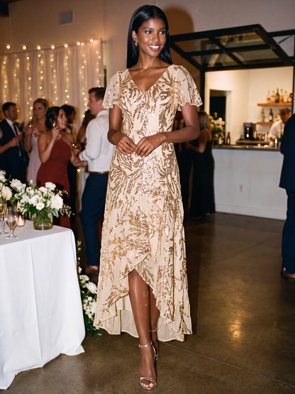 Sequin Ruffled Ruffle Sleeve Wedding Guest Dress