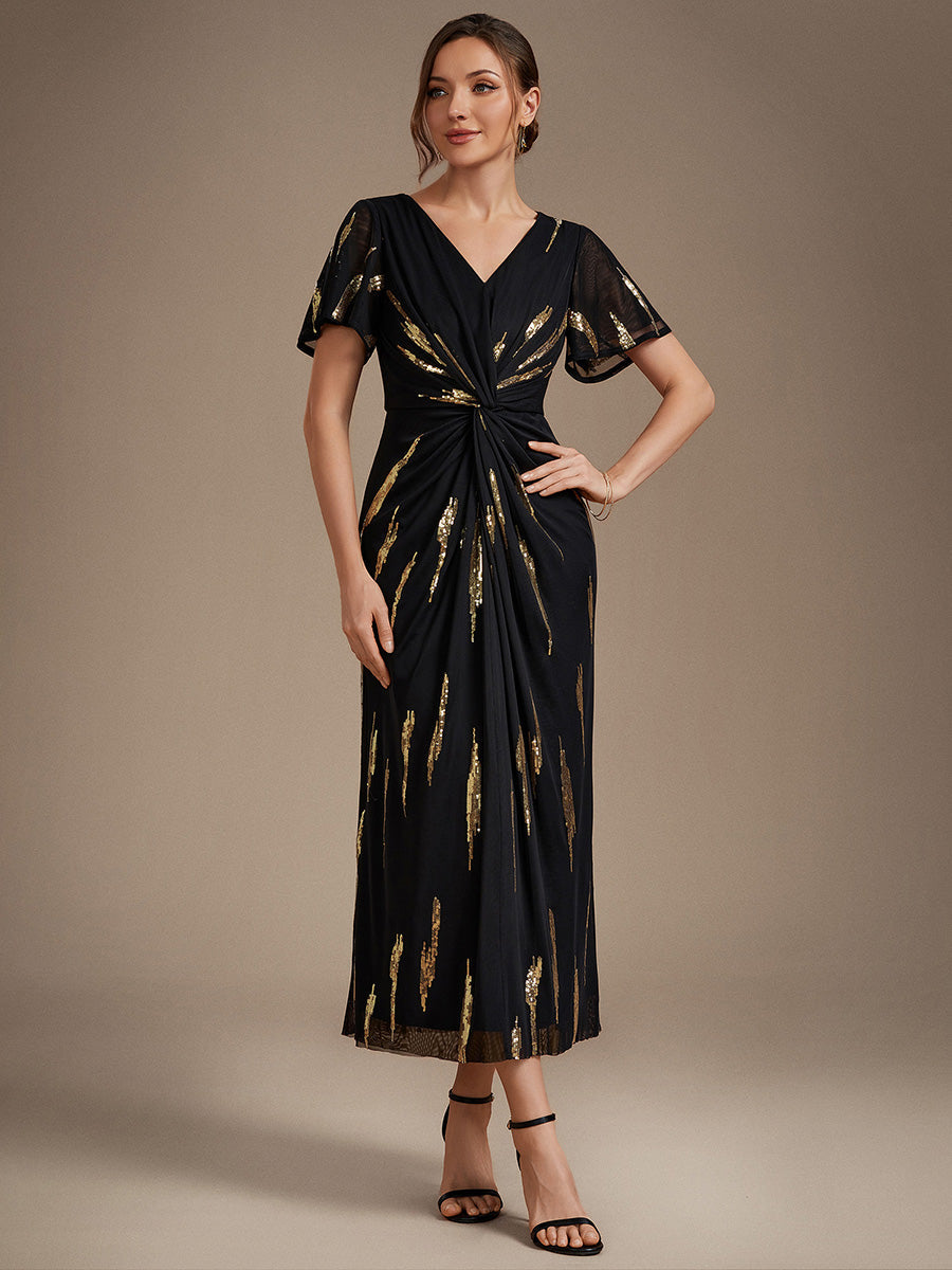 Sequin Tulle Ruffle Sleeve Wedding Guest Dress — Black&Metallic Gold