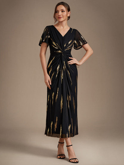 Sequin Tulle Ruffle Sleeve Wedding Guest Dress — Black&Metallic Gold
