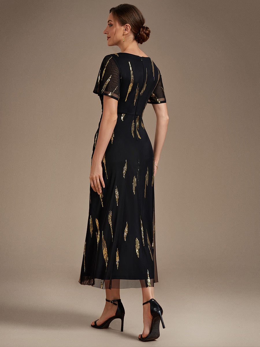 Sequin Tulle Ruffle Sleeve Wedding Guest Dress