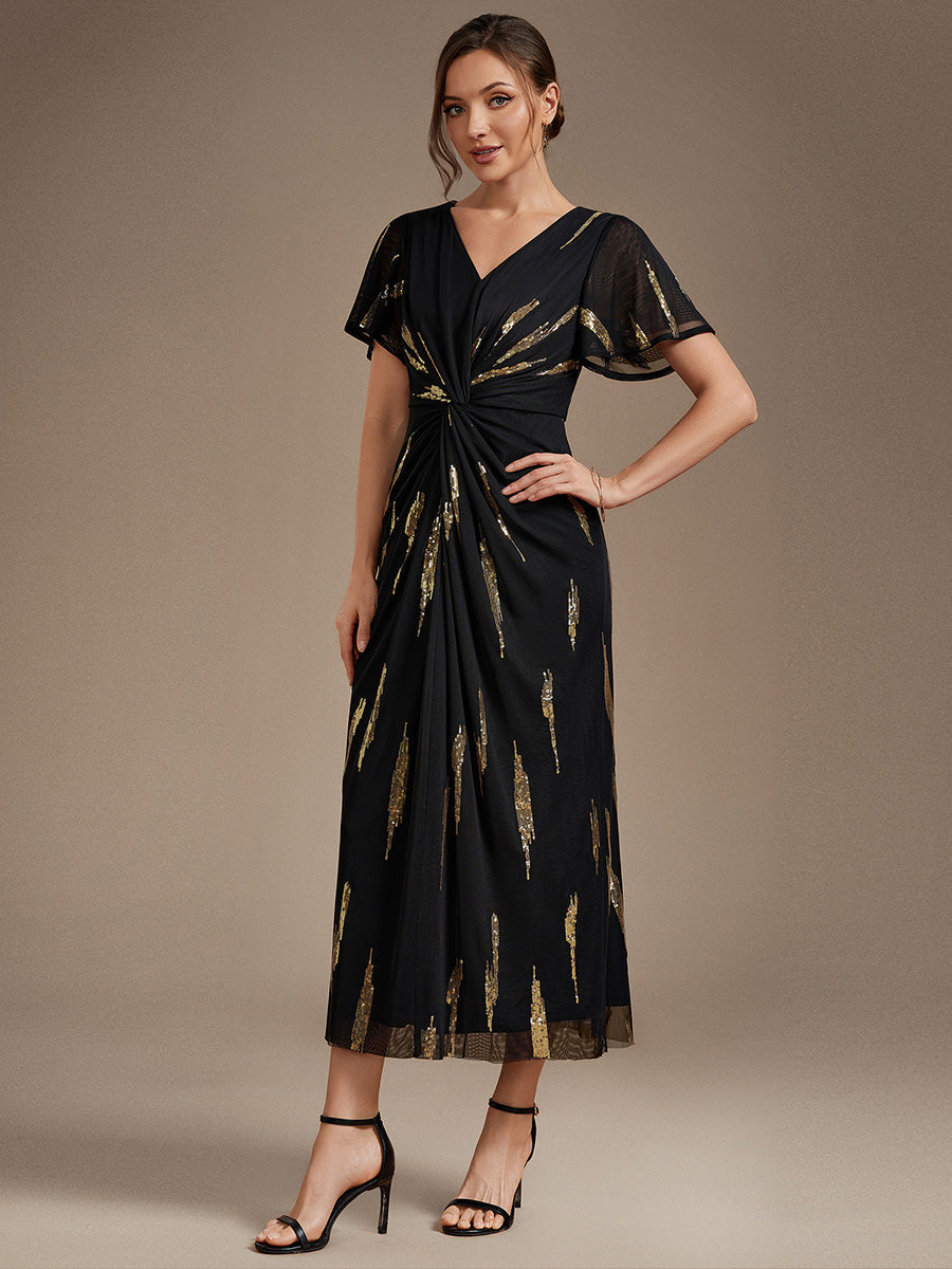 Sequin Tulle Ruffle Sleeve Wedding Guest Dress