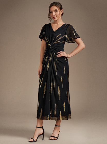 Sequin Tulle Ruffle Sleeve Wedding Guest Dress
