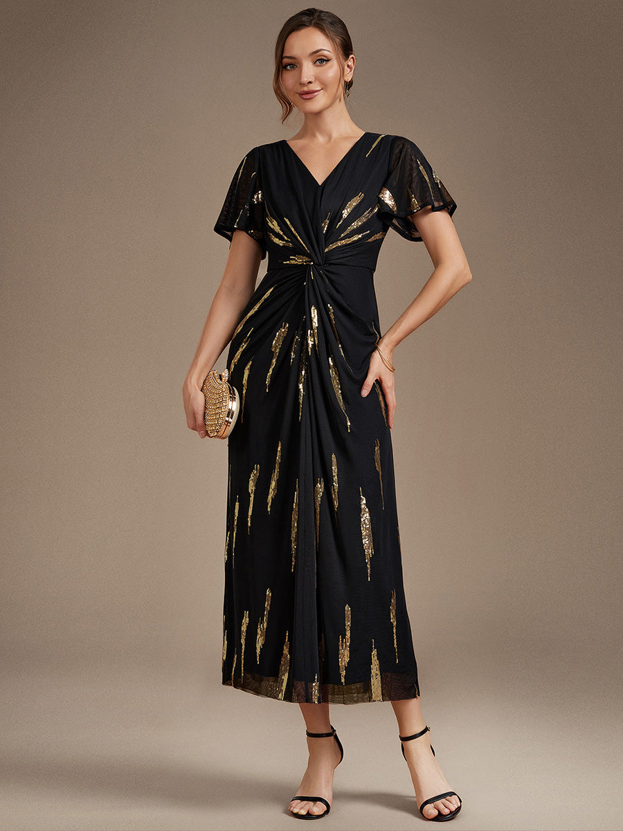 Sequin Tulle Ruffle Sleeve Wedding Guest Dress