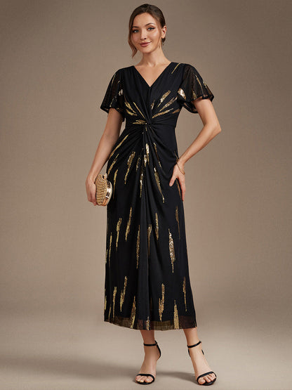 Sequin Tulle Ruffle Sleeve Wedding Guest Dress