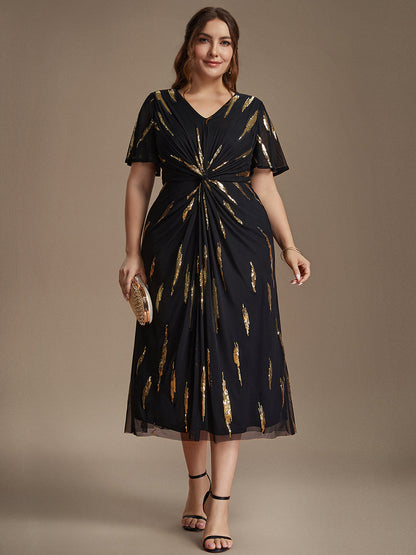 Sequin Tulle Ruffle Sleeve Wedding Guest Dress