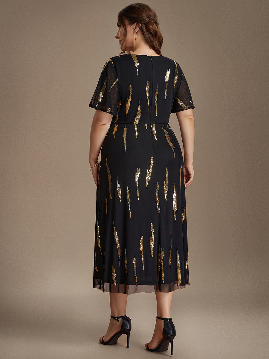 Sequin Tulle Ruffle Sleeve Wedding Guest Dress