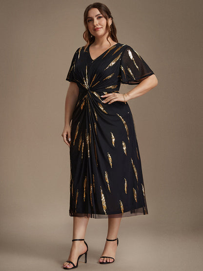Sequin Tulle Ruffle Sleeve Wedding Guest Dress