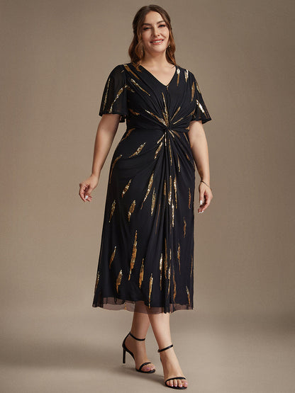 Sequin Tulle Ruffle Sleeve Wedding Guest Dress