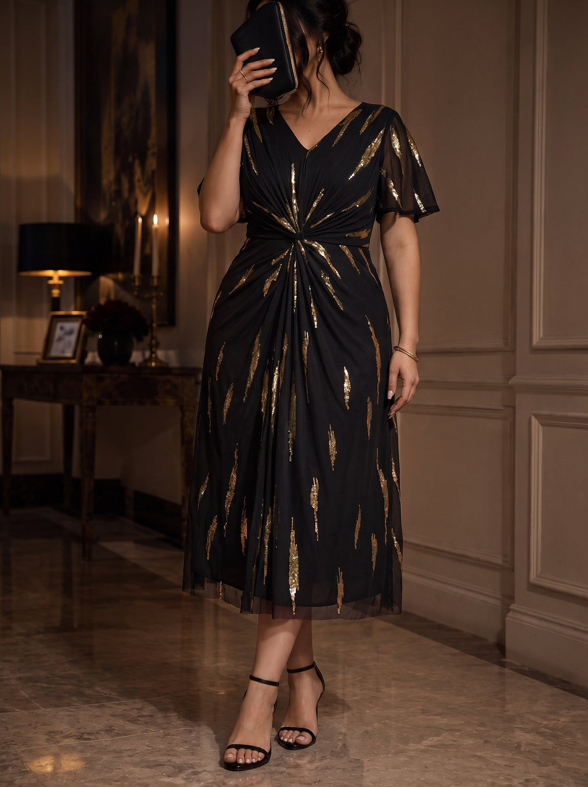 Sequin Tulle Ruffle Sleeve Wedding Guest Dress